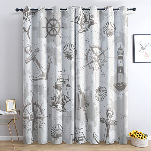 THYUNQ Vorhänge Maritime Motiv, Vorhang Blickdicht Verdunklungsvorhänge Thermovorhang mit Ösen, Gardinen Wohnzimmer Schlafzimmer Fenster, 2er Set Curtains, H 160 x B 140 cm