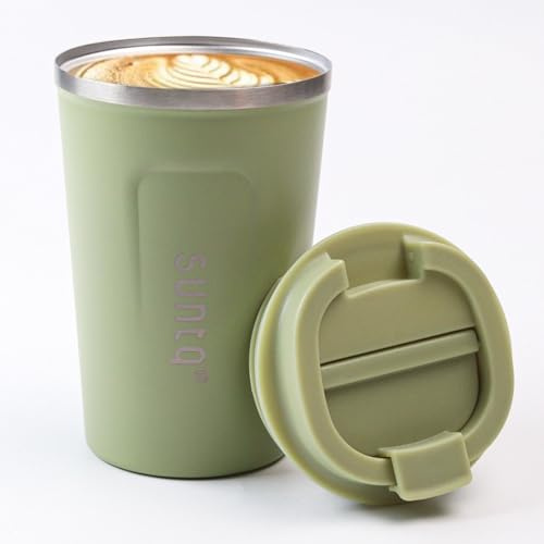 SUNTQ Kaffeebecher to go aus Edelstahl - Thermobecher Doppelwand Isoliert - Kaffeetasse mit Auslaufsicherem Deckel Wiederverwendbar (Sage, 380ml)