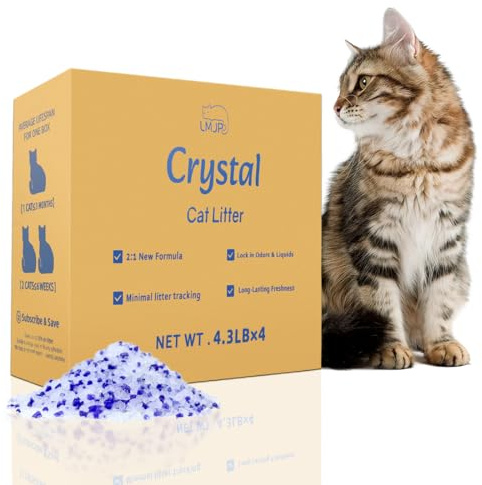 LMJP Crystal Cat Litter with Powerful Odor Control, Non-Clumping, Lasts Up to 4 Months, 17.2lb, Rapid Water Absorption, Unscented & Low Tracking Lightweight Blue & White Silica, 4 Pack of 4.3lb