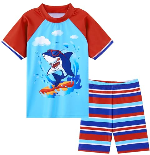 WAWSAM Jungen Badeanzug Set Kinder Bademode UV-Schutz | Jungen 2-Teilig Rashguard Shirt und Badehose Schnelltrocknend