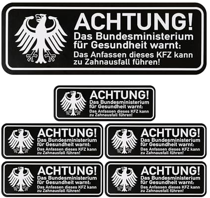 Lustiger KFZ Aufkleber ACHTUNG! Anfassen führt zu Zahnausfall!, 6 Stück, 10 x 3,5 cm, selbstklebende Folie, außenklebend, berühren verboten Klebeschild für Auto, Motorrad, Hinweis nicht anfassen