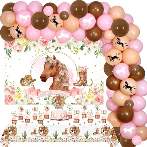 Fangleland Pferde-Geburtstagsparty-Dekorationsset für Mädchen – Pferdethema Hintergrund Tischdecke Kuchen Cupcake Toppers Western Cowgirl Racing Pferd Ballon Girlande Bogen Kit Happy Birthday Supplies