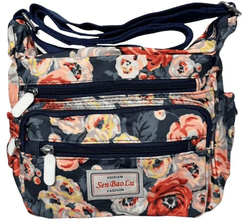 FAVORTALK Multi Pocket Cross Body Bag Women Large Over Shoulder Bags Crossbody Waterproof Nylon with Adjustable Strap Floral for Shopping Work - B39415