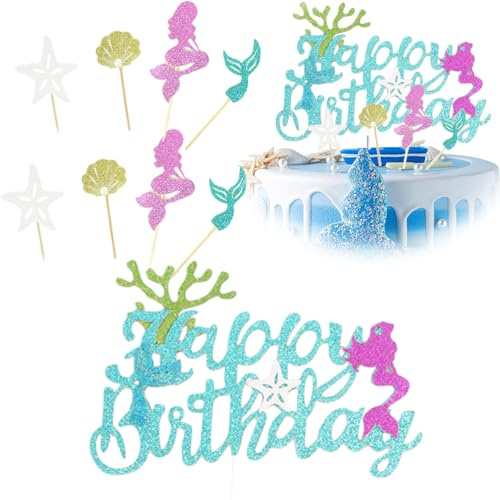 LJFEA Meerjungfrau Tortendeko Geburtstag Mädchen, Meerjungfrau Schwanz Kuchendeko, Ocean Theme Topper, Glitzer Meerjungfrau Torten Deko, Meerjungfrau Tattoos für Mädchen Frauen Mermaid Party