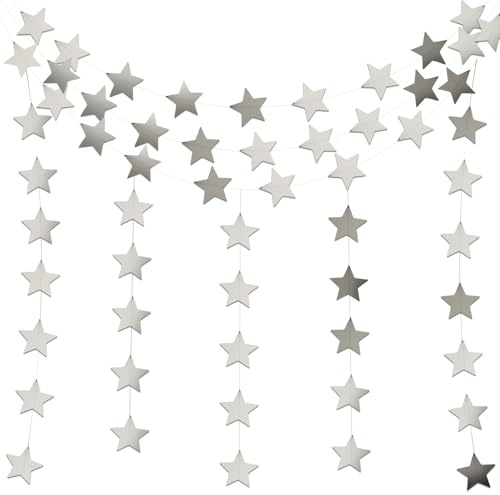 WUMUZAI 5 st stjärngirlang, 20 m hängande stjärnor dekorationer, pappersstjärna girlang banderoll strängströmmar för födelsedag baby shower julfest bröllop högtid dekor, spegel glitter silver