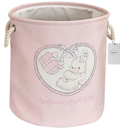 Inwagui Faltbare Wäschekorb Rosa Stoff Aufbewahrungskorb Kinder SpielzeugKorb mit Griffen Haushalt Organizer Kinderzimmer Deko Korb - Kaninchen