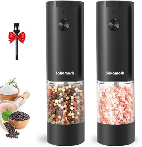 SAKAMOSH Juego de molinillo automático de sal y pimienta, funciona con pilas (no incluidas), grosor ajustable con luz LED, salero y pimentero eléctrico recargable, 95 ml de gran capacidad (2 paquetes,