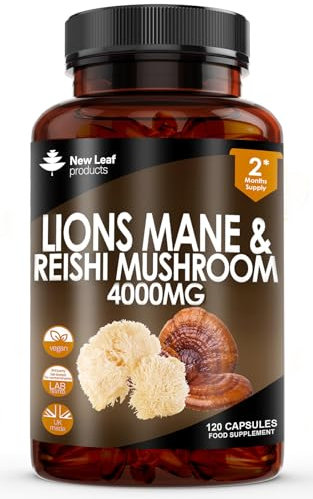 Lions Mane Capsules 4000mg + Reishi Mushroom - Lions Mane Supplement High Strength Supplement - 120 Vegan Lion Mane Powder Capsules - Made in UK by New Leaf