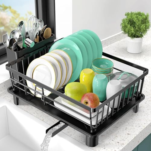 Dish Drying Rack- Space-Saving Dish Rack, Dish Racks for Kitchen Counter, Stainless Steel Kitchen Drying Rack with a Cutlery Holder12.0''W x 15.6''L, Black