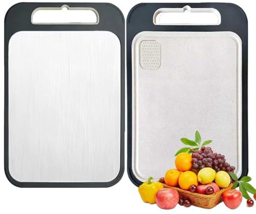 Juego de 2 tablas de cortar de doble cara, tabla de cortar de acero inoxidable con bordes antideslizantes, tabla de cortar de paja de trigo para carne y verduras, incluye zona de molienda de ajo, 13.6