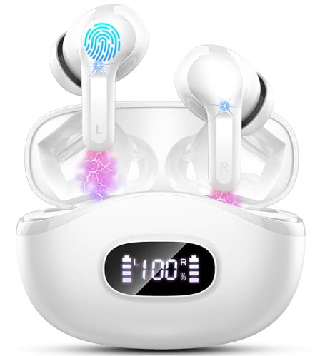 Wireless Earbuds, Bluetooth 5.4 Headphones in Ear with 4 ENC Mic, 40H Wirel ess Bluetooth Earphones with Deep Bass, HiFi Stereo Wireless Headphones, LED Display EarBuds, USB-C, IP7 Waterproof, White
