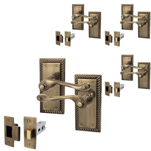 EAI Antique Brass Door Handles with Latch 64mm, 4 Pack - Rope Scroll
