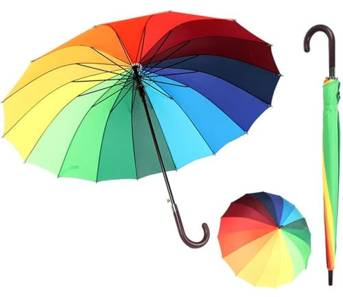 CROWNSHOP Windproof Rainbow Umbrella with 16 Steel Ribs - Portable and Ergonomically Designed Umbrella with Waterproof Coating and UV Protection (Colourful)