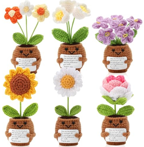 Geelin 6 Sets Positive Employee Appreciation Mini Crochet Flower Potted Doll with Card Emotional Rose Daisy Crochet Support Thank You Plants May You Positive Gift for Women Coworker Employee Teacher