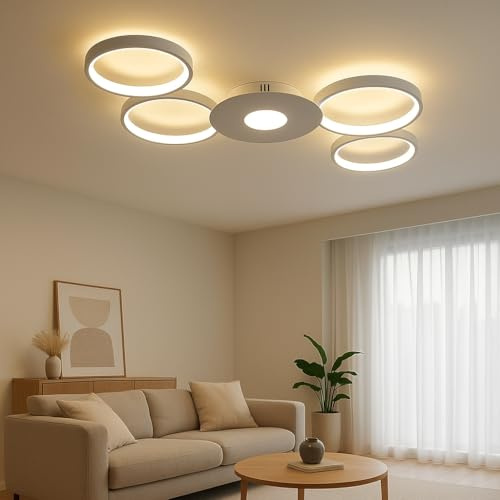 zenlavia LED Deckenlampe Wohnzimmer 52W Dimmbar mit Fernbedienung – Moderne Deckenleuchte Weiß Metall, 5 Ringe Design, 3000–6500K CCT, 5200lm, Flach für Schlafzimmer Küche Flur