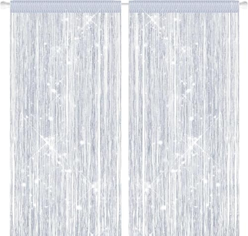2PCS Beaded Door Curtain 100 x 200cm Door Fly Screen Curtain Fly Screens for Doors Bead Curtains for Doorway Glitter String Tassel Curtains Fringe Panel Tassel Door Beads Curtains to Stop Flies Silver