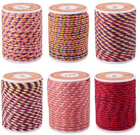 Crafans 6 rotoli di corde intrecciate in policotone da 1,5 mm, a 4 strati, fatte a mano, in cotone macramè, 6 colori, con bobina, per fai da te, lavori a maglia, appendiabiti da parete, rosso