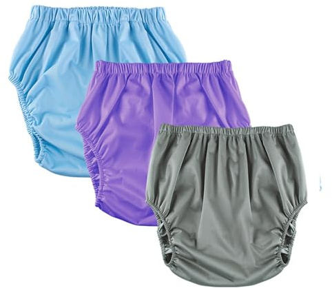 Paquete de 3 Bragas de Plástico para Adultos,Cobertor Pañal Cubrepañales Reutilizables y Lavables para Incontinencia,Pantalones de Incontinencia(Blue+purple+gray,Large)