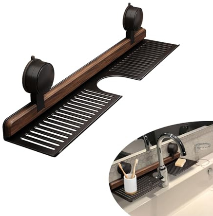 Walnut Bathroom Sink Shelf Over Faucet,2025 New No-Drill Shower Caddy Suction Cup with Strong Adhesion,Stable Over Sink Shower Rack for Easy Drainage,Wall Shelf for Bathroom,Kitchen (15.7IN/40CM)