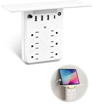 Saker Multi-Plug Outlet with Night Light,Wall Outlet Extender Surge Protector with 6 AC Outlets, 4 USB Ports(1 USB C), Overtop Power Charger with Outlet Shelf for Homes and Dormitories