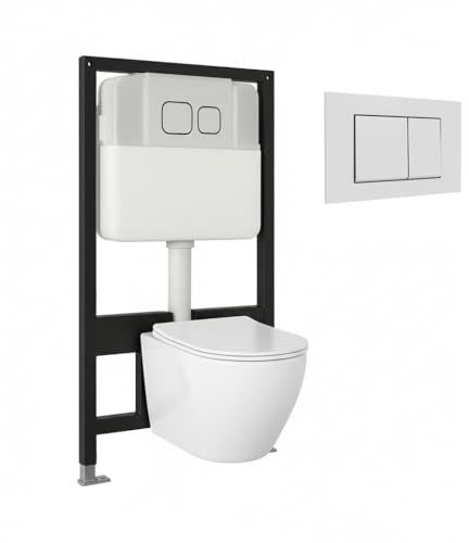 BAIKAL Inodoro Suspendido + Bastidor. WC en Blanco Brillo. Cisterna empotrada con Pulsador Blanco. Bastidor independiente. Sanitario con Cierre Amortiguado y Sistema Rimless.