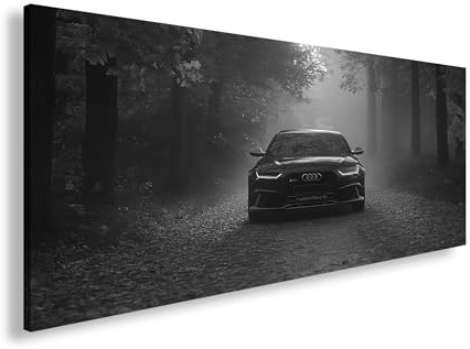 Leinwandbild Ein schwarzer Audi gleitet durch flammenden Herbstnebel. Panorama 120x60cm Effekz: Schwarz&Weiß XXL Wandbild auf Keilrahmen/Kunstdruck/Bild Wohnzimmer Dekoration