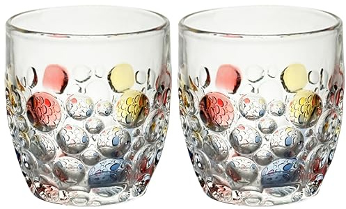 JUSONEY Colorful Bubble Drinking Glasses, Hand Painted Colored Dot Glass Cups 11OZ, Vintage Glass Tumbler, Stemless Wine, Whiskey, Juice,Coffee, Champagne, Cocktail (2PK)