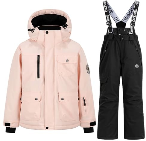 Combinaison de neige Garçons Filles Hiver Ensemble de Ski avec Combinaison d'extérieur softshell et Neige Bavoir Pantalon-Épaissi-Couleur Unie Ensembles de Neige Veste pour 3-14 Ans