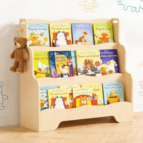 PAMPORPET Bücherregal Kinder Montessori Kinderregal mit 3 Ablagefächern Regal Kinderzimmer Spielzeug Aufbewahrung Büchergestell (Naturholzfarbe)
