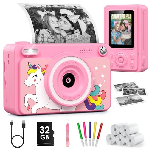Kids Camera, 1080P Instant Digital Print Camera for Kids, Christmas Birthday Gifts for 4 5 6 7 8 9 10 Year Old Girls Boys, Portable Toy with 32GB Card