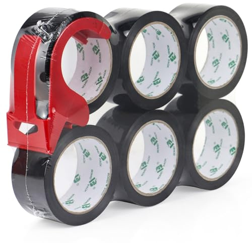 BOMEI PACK 6 Rollen Paketklebeband Klebeband Packband Verpackungsband Kartonband 66mx48mm Schwarz Verpackungsmaterial für Pakete und Karton Packband mit mit Plastik Abroller in Profi-Qualität