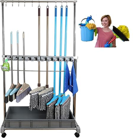 Support pour balai – Chariot à outils de nettoyage sur pied avec roulettes pour le rangement et l'organisation des fournitures de nettoyage et outils de jardin – Idéal pour les hôtels et les écoles