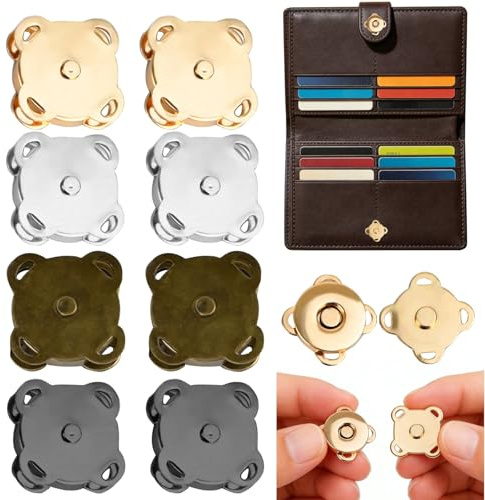 JAXICREY Magnetic Snap Fasteners, 8 Sets Metal Snap Buttons, 18mm Sew on Bag Fasteners, Magnetic Clasps for Bags, Clothes, Sewing, Leather, Purses, DIY Craft Accessories (Silver, Gold, Bronze, Black)