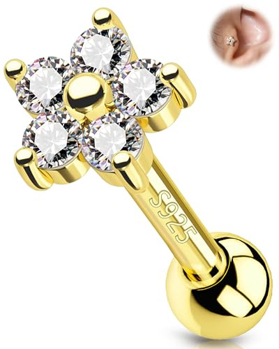 OUFER 18G Blume Helix Piercings 925 Sterling Silber Nasenstecker Piercing Conch Tragus Knorpel Ohrpiercing 6mm Klarer CZ Labret Lippenpiercing Schmuck Silber Gold für Frauen