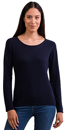 CASH-MERE.CH 100% Kaschmir Damen Pullover | Sweater Rundhalsausschnitt 2-fädig (Blau/Marine, L)