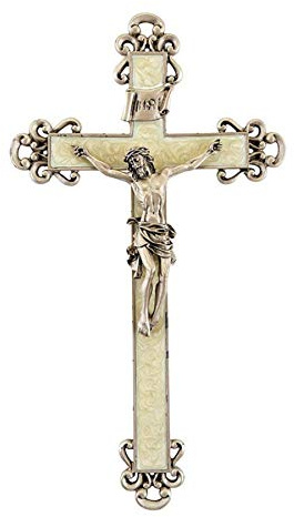 White Pearlized Epoxy Floral Cross Crucifix with Pewter Christ Corpus, 10 Inch