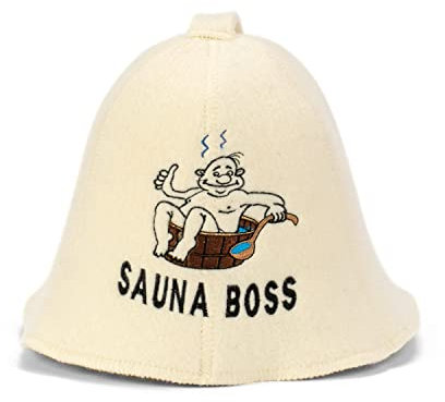 Natural Textile Saunahut 'Sauna Boss Bucket' White - 100% organische Wollfilzmützen - Schützen Sie Ihren Kopf vor Hitze - Englische Sauna E-Book Handbuch inklusiv - mit Stickerei