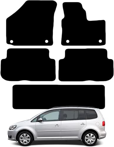 VW Touran 7 Seater 2006 2015 5 Piece Set Car Mats UK-Made Tailored Fit Carpet Floor Mats Full Coverage Compatible Accessory Black Trim