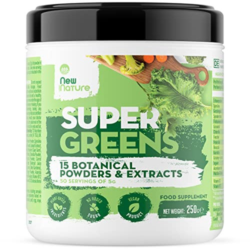 Super Greens en Polvo por New Nature – 250g, Aumento de energía, 50 Raciones - Combinación de 15 Superalimentos Aptos para Vegetarianos y Veganos para su consumo diario - sin aditivos