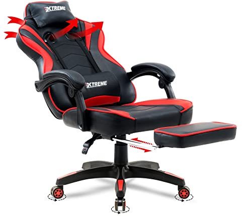 Olsen & Smith XTREME New and Improved 2024 Model Gaming Chair Ergonomic Office Desk PC Computer Recliner Swivel Chair Detachable Padded Head Rest Lumbar Support Cushion & Footrest (Black/Red)