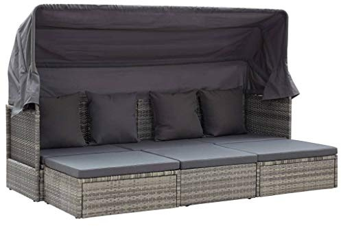 pedkit Gartenbett mit Dach Gemischt Lounge Loungeinsel Loungeliege Sofaset Gartenliege Gartenmöbel Rattan Lounge Sunbed Liege Grau 200 x 60 x 124 cm Poly Rattan