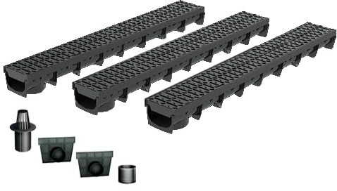 MEA Entwässerungsrinne MEAPARK, 3er Pack (3x1m) mit Stegrost aus hochwertigem Polyamid in schwarz mit Zubehör - Entwässerungssystem für Terrassen, Schwimmbäder, Garageneinfahrten und Fußgängerzonen