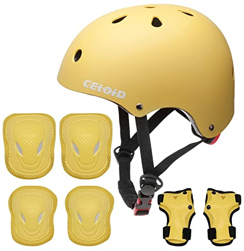 CELOID Set med hjälmdyna, justerbar barn skateboard cykelhjälm, knä och armbågsdynor, handledsskydd, 8-14 år, unisex, gul, skridskoåkning, skateboard, cykling, rullskridskoåkning