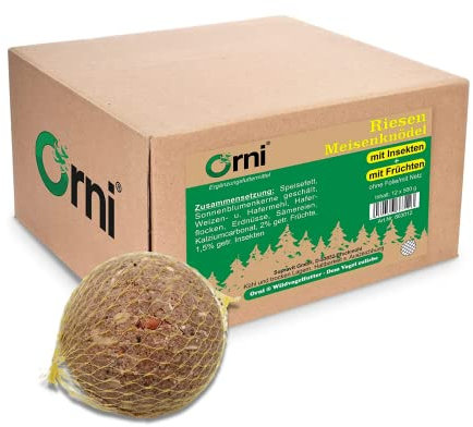 Orni Riesen Meisenknödel mit Insekten 500g | 12 Stück | Leckerer Insektenknödel mit Netz zum Aufhängen | beliebt bei Amseln Meisen und Co | Ganzjahresknödel für Winter, Frühjahr und Sommer