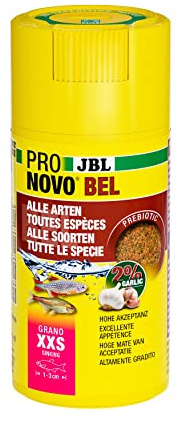 JBL PRONOVO BEL GRANO, Hauptfutter für alle Aquarienfische von 1-3 cm, Fischfutter-Granulat, Klickdosierer, Größe XXS, 100 ml