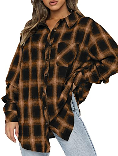 CHYRII Womens Button Down Flannel Shirts Long Sleeve Plaid Shacket Business Casual Tops Brown XL
