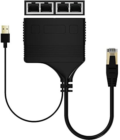 LOKEKE RJ45 Male to Female Network Splitter Adapter, RJ45 1 to 4 LAN Ethernet Network Adapter Converter with USB Power Cable Cord for Cat6 / Cat7
