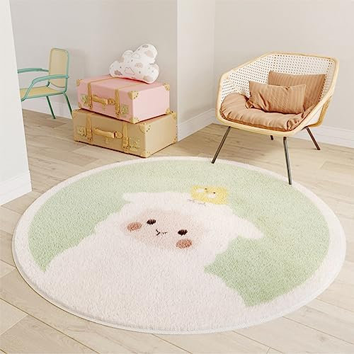 iyoimono Grünes Schaf Teppich Rund 160cm Kinderteppich Baumwollteppich Groß Teppich Waschbar Vintage Teppich für Kinderzimmer Schlafzimmer Wohnzimmer Küche Indoor Outdoor