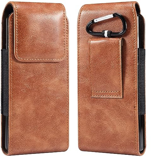 Miimall Phone Holster Compatible with Samsung Galaxy Z Fold 6/5/4/3/2, Leather Pouch Belt Clip Case with Carabiner Clip & Magnetic Closure Phone Holder for Samsung Z Fold 6/5/4/3/2-Brown