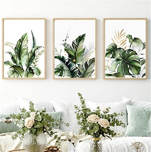 Herfair 3er Poster Set Grün Pflanzen Blätter Wandbilder Modern Blumen Rosa Leinwand Bilder Wandbild Bilder Set Wanddeko Wohnzimmer Decor OHNE Rahmen (Grüne Blätter,50x70cm)